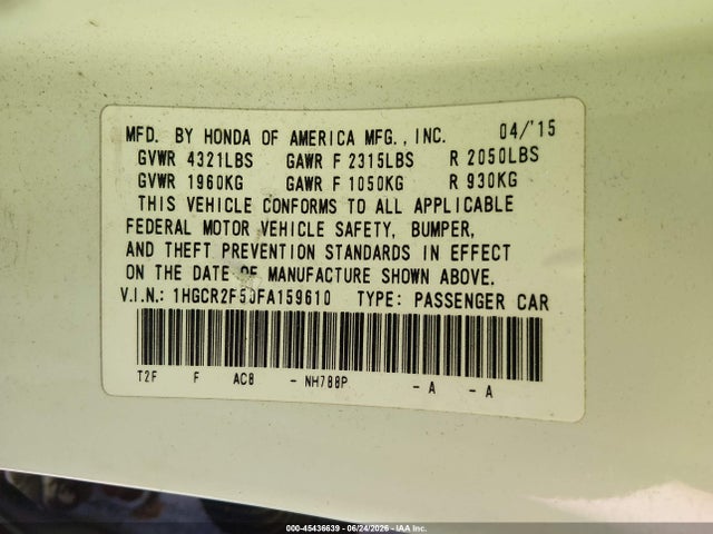 Auction sale of the 2015 Honda Accord Sport, vin: 1HGCR2F50FA159610, lot number: 45436639