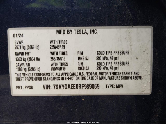 Aukcja sprzedaży 2024 Tesla Model Y Long Range Dual Motor All-wheel Drive, vin: 7SAYGAEE0RF989069, numer aukcji: 45436646