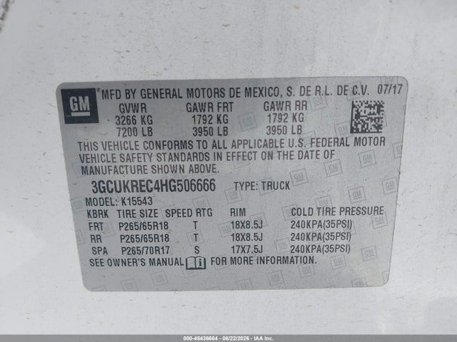 2017 Chevrolet Silverado 1500 Lt მანქანა იყიდება აუქციონზე, vin: 3GCUKREC4HG506666, აუქციონის ნომერი: 45436664