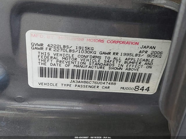 45436697 :رقم المزاد ، JA3AH86C76U047488 vin ، 2006 Mitsubishi Lancer Evolution Ix/mr مزاد بيع