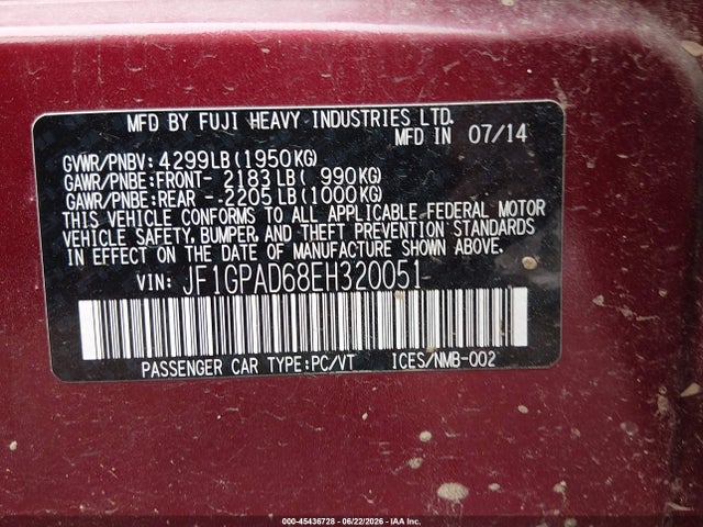 Aukcja sprzedaży 2014 Subaru Impreza 2.0i Premium, vin: JF1GPAD68EH320051, numer aukcji: 45436728