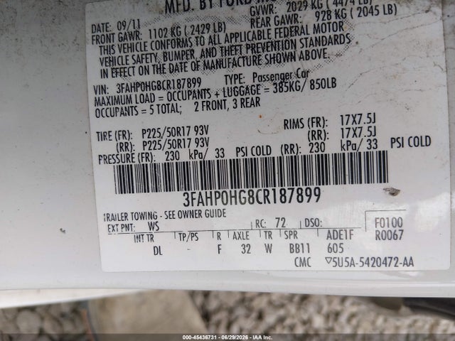 2012 Ford Fusion Se მანქანა იყიდება აუქციონზე, vin: 3FAHP0HG8CR187899, აუქციონის ნომერი: 45436731