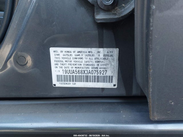 45436732 :رقم المزاد ، 19UUA568X3A075927 vin ، 2003 Acura Tl 3.2 Type S مزاد بيع