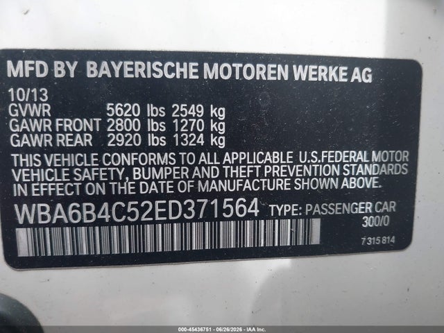 Продажа на аукционе авто 2014 Bmw 650i Gran Coupe Xdrive, vin: WBA6B4C52ED371564, номер лота: 45436751