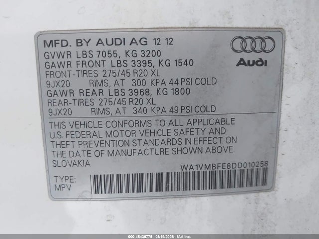 Продаж на аукціоні авто 2013 Audi Q7 3.0 Tdi Premium, vin: WA1VMBFE8DD010258, номер лоту: 45436775