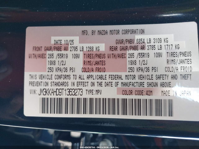 Aukcja sprzedaży 2026 Mazda Cx-90 3.3 Turbo Select, vin: JM3KKAHD9T1363273, numer aukcji: 45436784