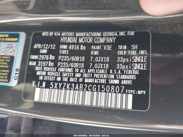 Продажа на аукционе авто 2012 Hyundai Santa Fe Limited, vin: 5XYZK3AB2CG150807, номер лота: 45436842