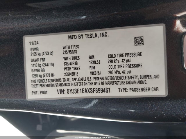 Продаж на аукціоні авто 2025 Tesla Model 3 Long Range Rear-wheel Drive/standard Rear-wheel Drive, vin: 5YJ3E1EAXSF899461, номер лоту: 45436850