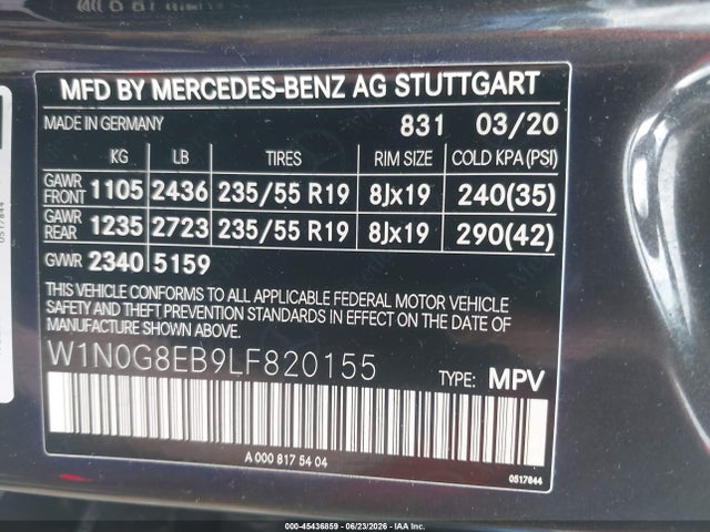 Продажа на аукционе авто 2020 Mercedes-benz Glc 300 4matic, vin: W1N0G8EB9LF820155, номер лота: 45436859