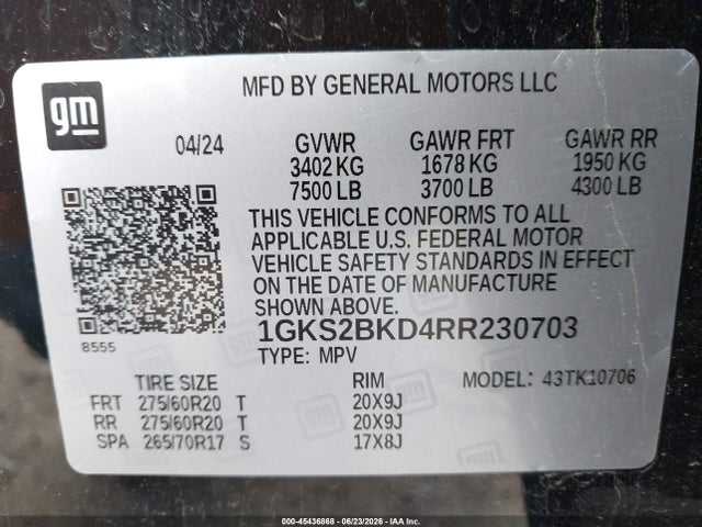 Aukcja sprzedaży 2024 Gmc Yukon 4wd Slt, vin: 1GKS2BKD4RR230703, numer aukcji: 45436868