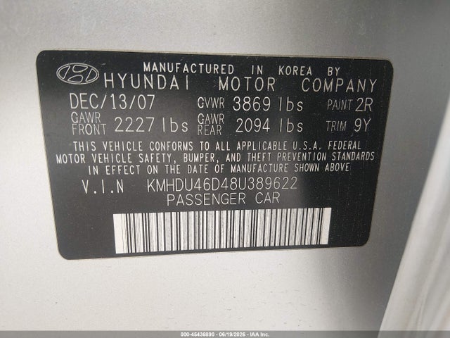 Aukcja sprzedaży 2008 Hyundai Elantra Gls/se, vin: KMHDU46D48U389622, numer aukcji: 45436890