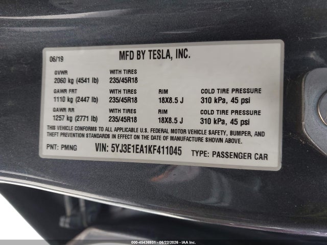 Tesla Model 3 Long Range/mid Range/standard Range/standard Range Plus 2019 5YJ3E1EA1KF411045 Image 9