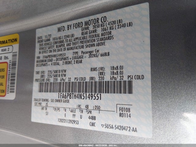 45436942 :رقم المزاد ، 1FA6P8TH4N5149551 vin ، 2022 Ford Mustang Ecoboost Premium Fastback مزاد بيع