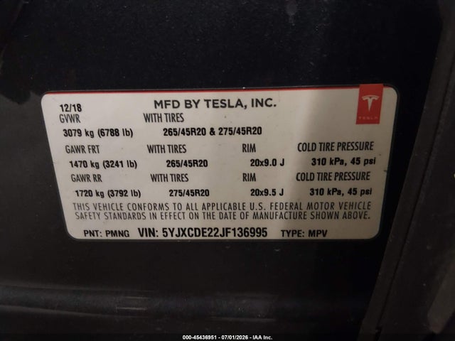 Aukcja sprzedaży 2018 Tesla Model X, vin: 5YJXCDE22JF136995, numer aukcji: 45436951