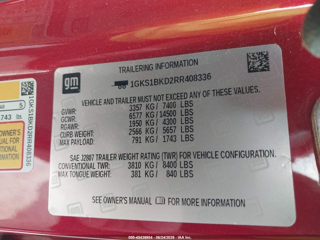 Aukcja sprzedaży 2024 Gmc Yukon 2wd Slt, vin: 1GKS1BKD2RR408336, numer aukcji: 45436954