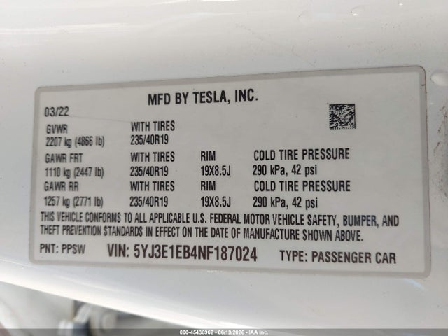 Tesla Model 3 Long Range Dual Motor All-wheel Drive 2022 5YJ3E1EB4NF187024 Image 9