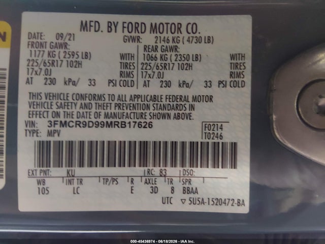 3FMCR9D99MRB17626 Ford Bronco Sport Badlands