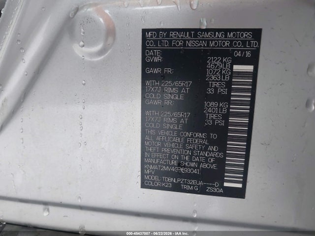 KNMAT2MV4GP693041 Nissan Rogue S/sl/sv