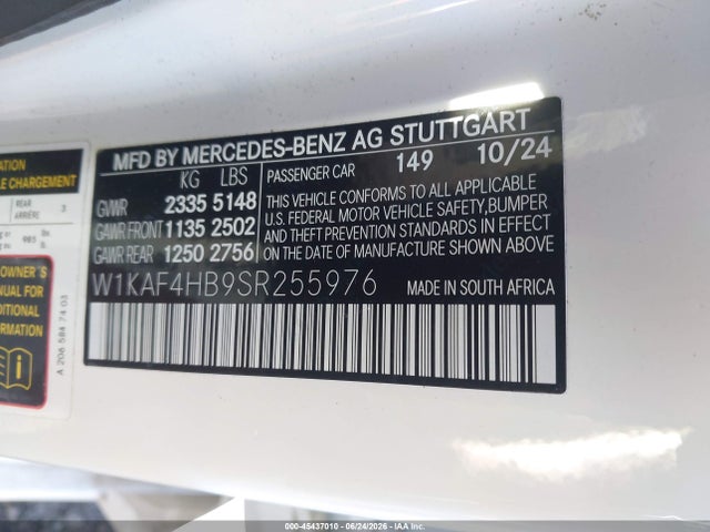 Продаж на аукціоні авто 2025 Mercedes-benz C 300, vin: W1KAF4HB9SR255976, номер лоту: 45437010