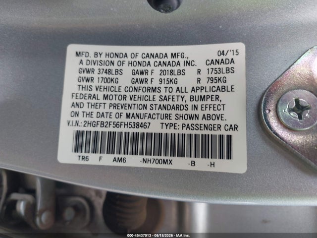 Aukcja sprzedaży 2015 Honda Civic Lx, vin: 2HGFB2F56FH538467, numer aukcji: 45437013