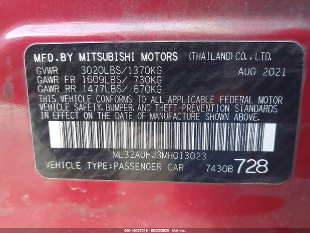 2021 Mitsubishi Mirage Carbonite Edition/es/le მანქანა იყიდება აუქციონზე, vin: ML32AUHJ3MH013023, აუქციონის ნომერი: 45437015
