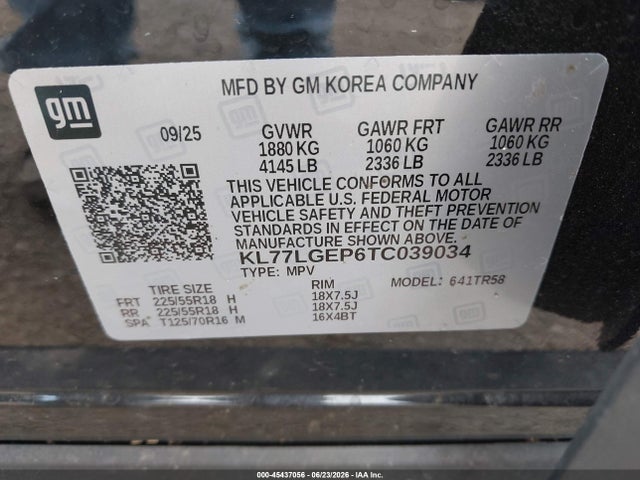 45437056 :رقم المزاد ، KL77LGEP6TC039034 vin ، 2026 Chevrolet Trax Fwd 1rs مزاد بيع