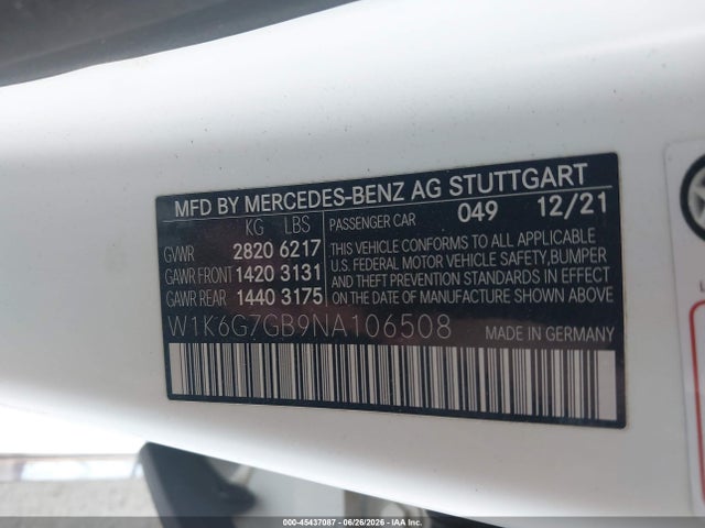 45437087 :رقم المزاد ، W1K6G7GB9NA106508 vin ، 2022 Mercedes-benz S 580 4matic مزاد بيع