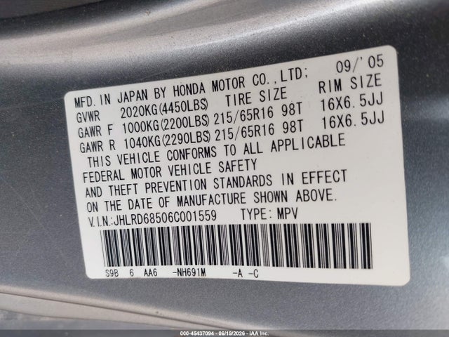 Продажа на аукционе авто 2006 Honda Cr-v Lx, vin: JHLRD68506C001559, номер лота: 45437094