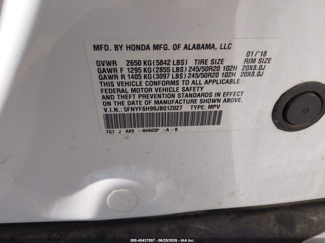 Honda Pilot Touring 2018 5FNYF6H99JB012027 Image 9