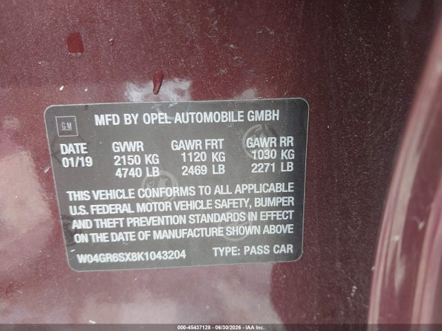 Продаж на аукціоні авто 2019 Buick Regal Sportback Awd Essence, vin: W04GR6SX8K1043204, номер лоту: 45437128