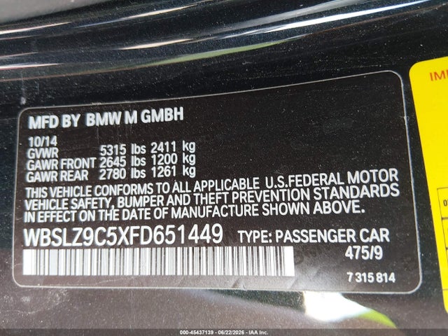 45437139 :رقم المزاد ، WBSLZ9C5XFD651449 vin ، 2015 Bmw M6 مزاد بيع