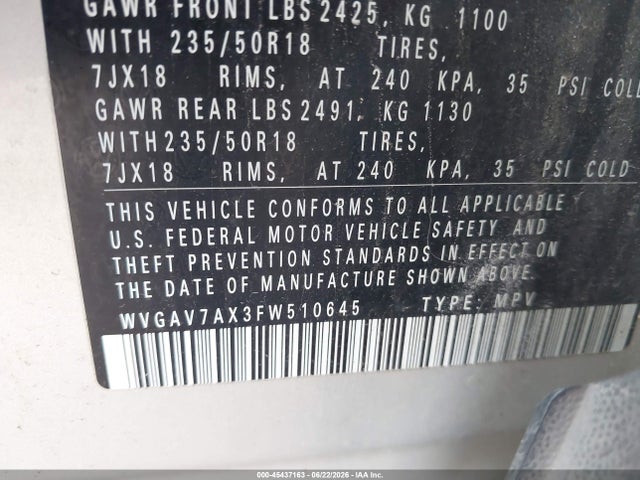 2015 Volkswagen Tiguan Se მანქანა იყიდება აუქციონზე, vin: WVGAV7AX3FW510645, აუქციონის ნომერი: 45437163