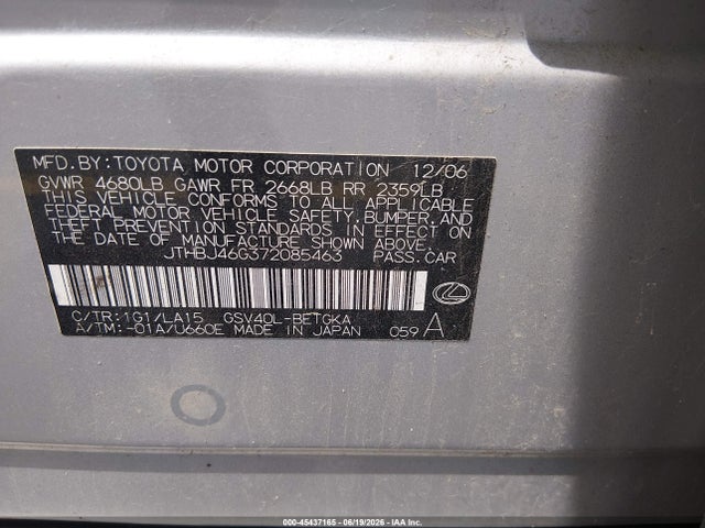 2007 Lexus Es 350 მანქანა იყიდება აუქციონზე, vin: JTHBJ46G372085463, აუქციონის ნომერი: 45437165