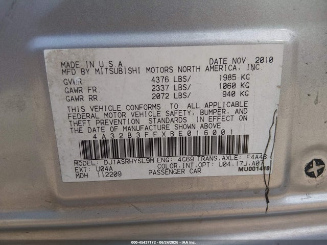 Aukcja sprzedaży 2011 Mitsubishi Galant Es/se, vin: 4A32B3FFXBE016001, numer aukcji: 45437172