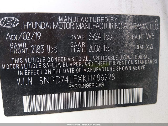 Продаж на аукціоні авто 2019 Hyundai Elantra Se, vin: 5NPD74LFXKH486228, номер лоту: 45437175