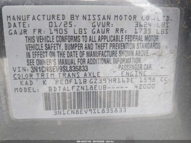 Aukcja sprzedaży 2025 Nissan Versa 1.6 Sv, vin: 3N1CN8EV9SL835833, numer aukcji: 45437193
