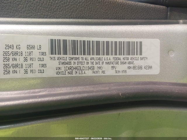 Aukcja sprzedaży 2020 Dodge Durango Sxt Rwd, vin: 1C4RDHAG3LC119458, numer aukcji: 45437227