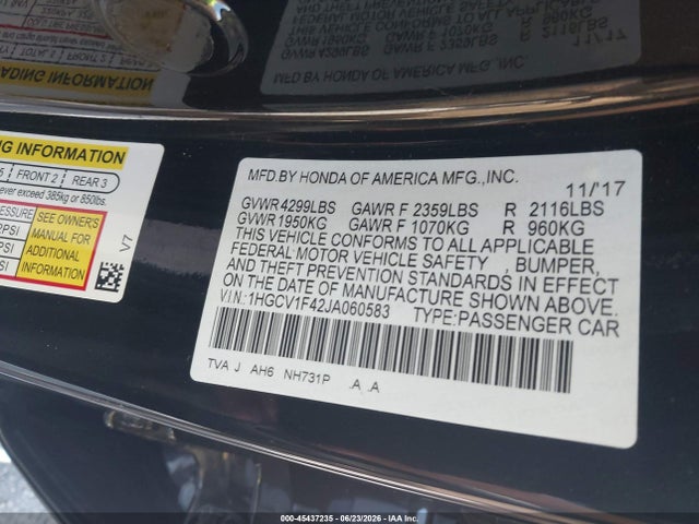 Aukcja sprzedaży 2018 Honda Accord Ex, vin: 1HGCV1F42JA060583, numer aukcji: 45437235
