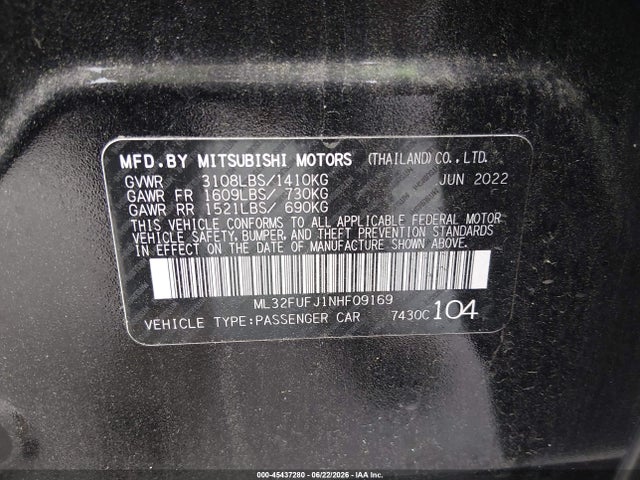 2022 Mitsubishi Mirage G4 Black Edition/es/le მანქანა იყიდება აუქციონზე, vin: ML32FUFJ1NHF09169, აუქციონის ნომერი: 45437280