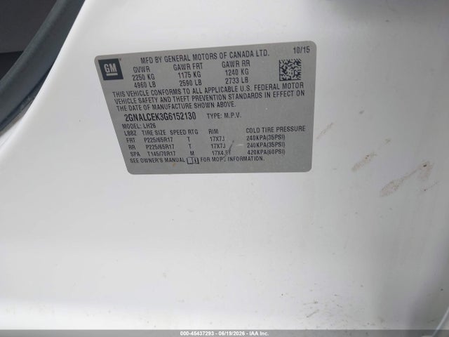 Aukcja sprzedaży 2016 Chevrolet Equinox Lt, vin: 2GNALCEK3G6152130, numer aukcji: 45437293