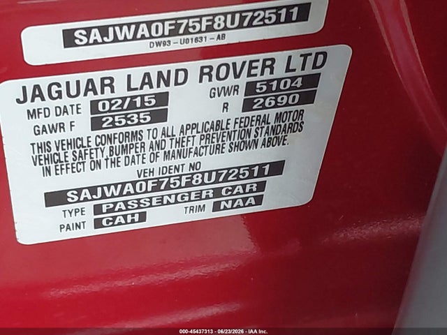 45437313 :رقم المزاد ، SAJWA0F75F8U72511 vin ، 2015 Jaguar Xf 3.0 Portfolio/3.0 Sport مزاد بيع