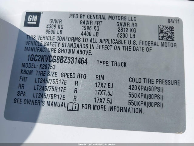 Aukcja sprzedaży 2011 Chevrolet Silverado 2500hd Work Truck, vin: 1GC2KVCG8BZ331464, numer aukcji: 45437317
