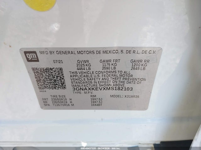 Aukcja sprzedaży 2021 Chevrolet Equinox Fwd Lt, vin: 3GNAXKEVXMS182103, numer aukcji: 45437325