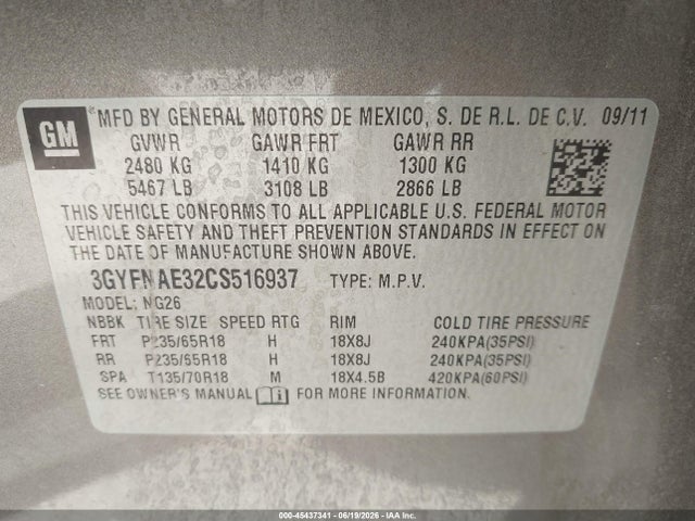 2012 Cadillac Srx Luxury Collection მანქანა იყიდება აუქციონზე, vin: 3GYFNAE32CS516937, აუქციონის ნომერი: 45437341