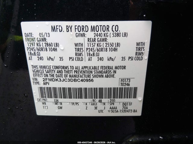 2013 Ford Edge Sel მანქანა იყიდება აუქციონზე, vin: 2FMDK3JC3DBC40956, აუქციონის ნომერი: 45437346