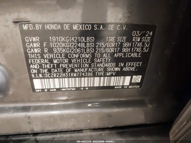 45437379 :رقم المزاد ، 3CZRZ2H31RM774396 vin ، 2024 Honda Hr-v Awd Lx مزاد بيع