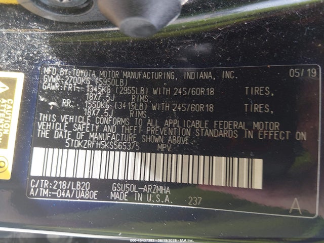 5TDKZRFH5KS565375 Toyota Highlander Xle