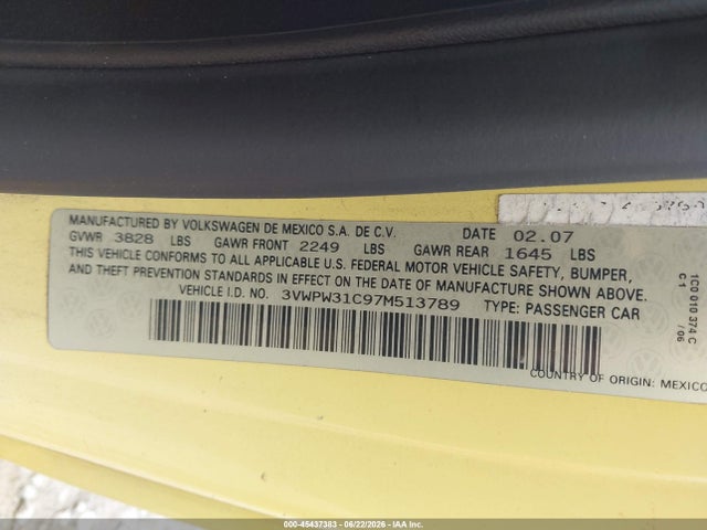 45437383 :رقم المزاد ، 3VWPW31C97M513789 vin ، 2007 Volkswagen New Beetle 2.5 مزاد بيع