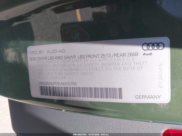 45437391 :رقم المزاد ، WAUWNGF55LN002256 vin ، 2020 Audi A5 Cabriolet Premium Plus 45 Tfsi Quattro S Tronic مزاد بيع