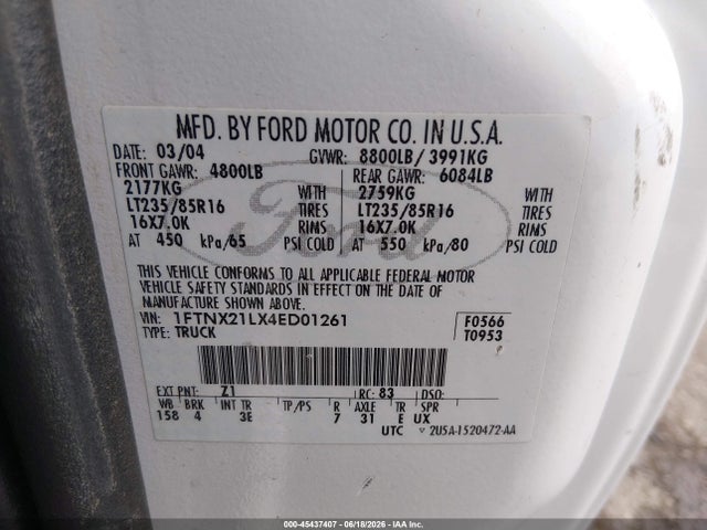 Продажа на аукционе авто 2004 Ford F-250, vin: 1FTNX21LX4ED01261, номер лота: 45437407